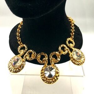 VTG Gold Tone & Clear Rhinestone Shabby Chic MCM 12” Adjustable Necklace